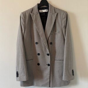 Zara Brown Houndstooth Double-Breasted Blazer L